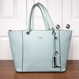 GUESS 1981 Teal Structured Tote Bag Large Zip Top Work Shoulder Purse